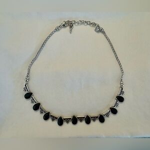 Brighton Black Teardrop Glass Silvertone Fleur de Leis  Necklace - Discontinued